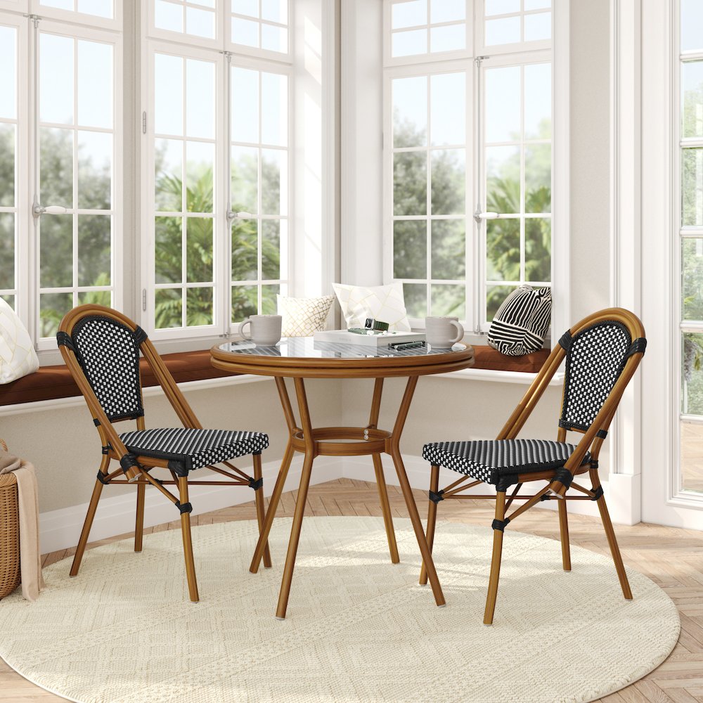 Bistro 31.5" Table, Black and White PE Rattan, Glass Top with 2 Stack Chairs. Picture 3