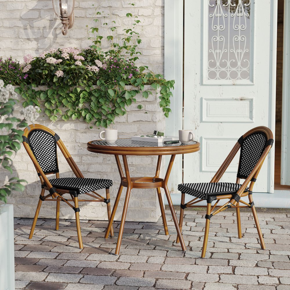 Bistro 31.5" Table, Black and White PE Rattan, Glass Top with 2 Stack Chairs. Picture 7