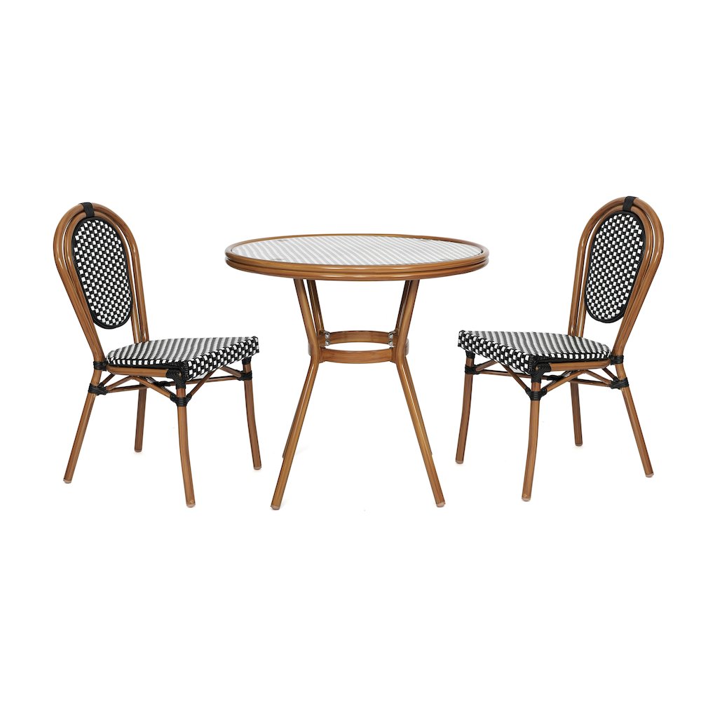 Bistro 31.5" Table, Black and White PE Rattan, Glass Top with 2 Stack Chairs. Picture 1