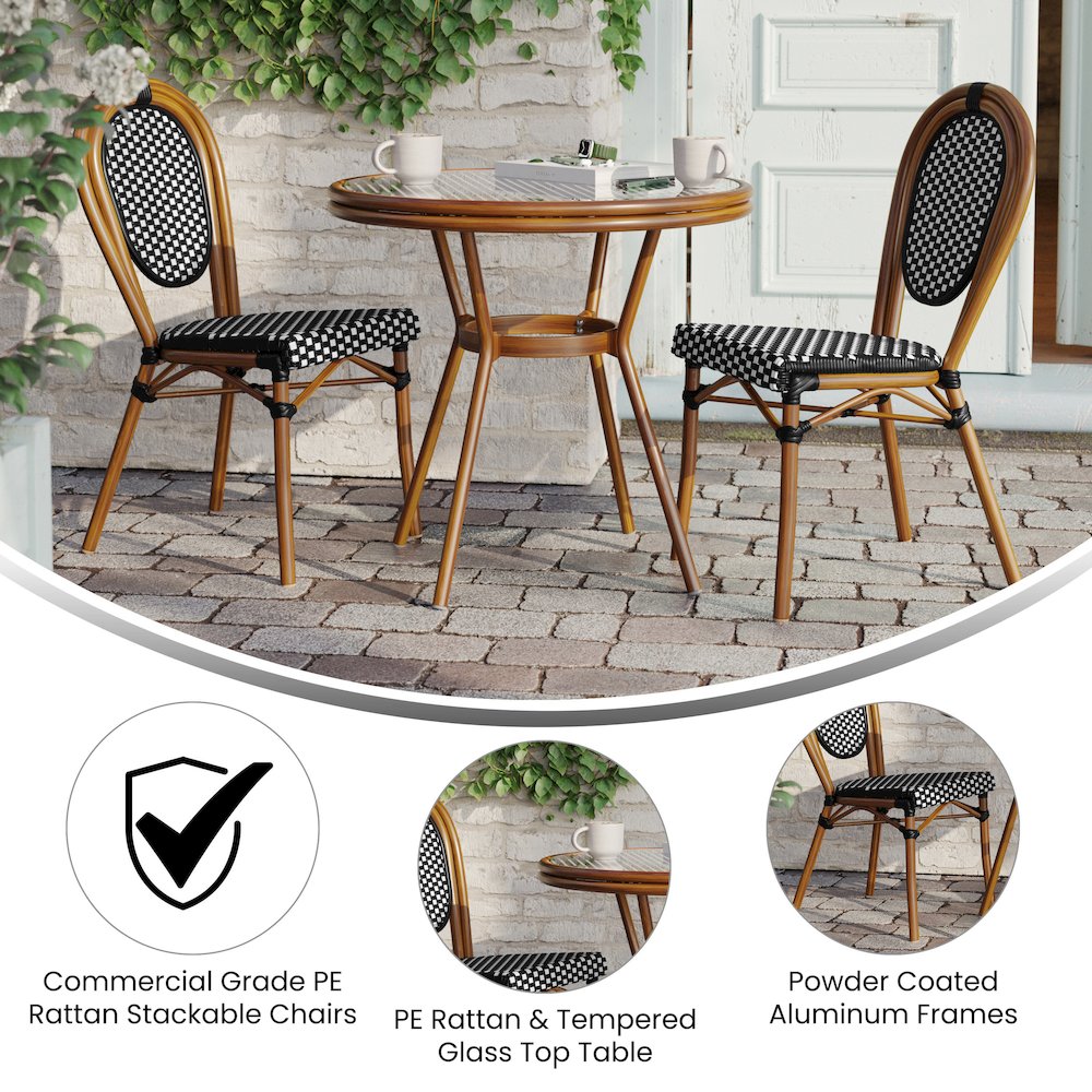 Bistro 31.5" Table, Black and White PE Rattan, Glass Top with 2 Stack Chairs. Picture 4