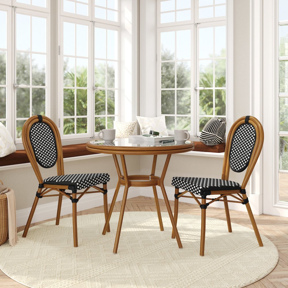 Bistro 31.5" Table, Black and White PE Rattan, Glass Top with 2 Stack Chairs. Picture 3