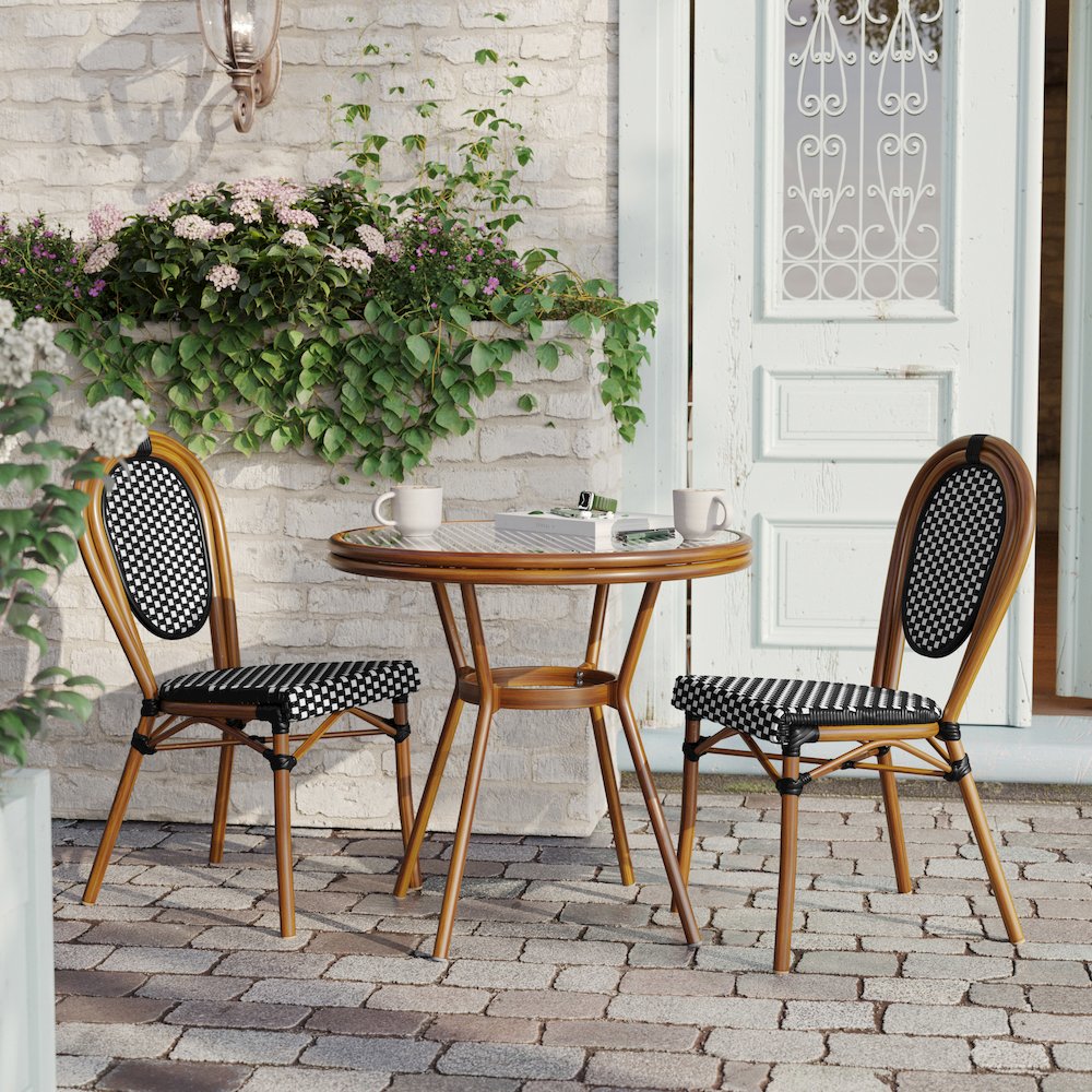 Bistro 31.5" Table, Black and White PE Rattan, Glass Top with 2 Stack Chairs. Picture 7