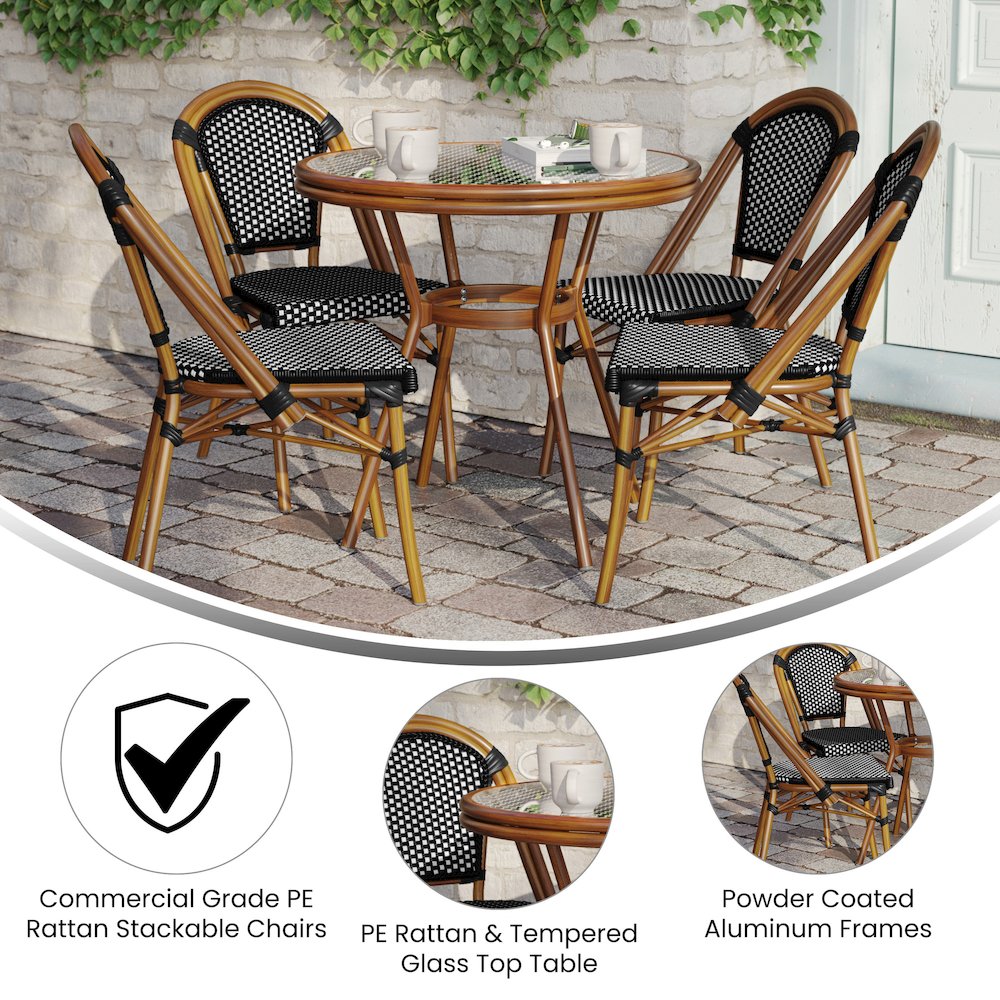 Bistro 31.5" Table, Black and White PE Rattan, Glass Top with 4 Stack Chairs. Picture 4