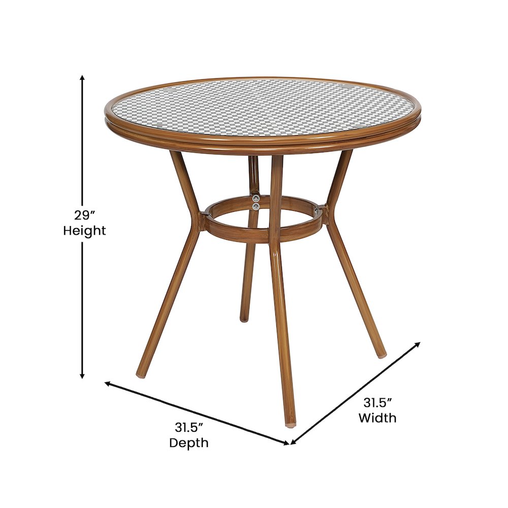 Bistro 31.5" Table, Black and White PE Rattan, Glass Top with 4 Stack Chairs. Picture 5