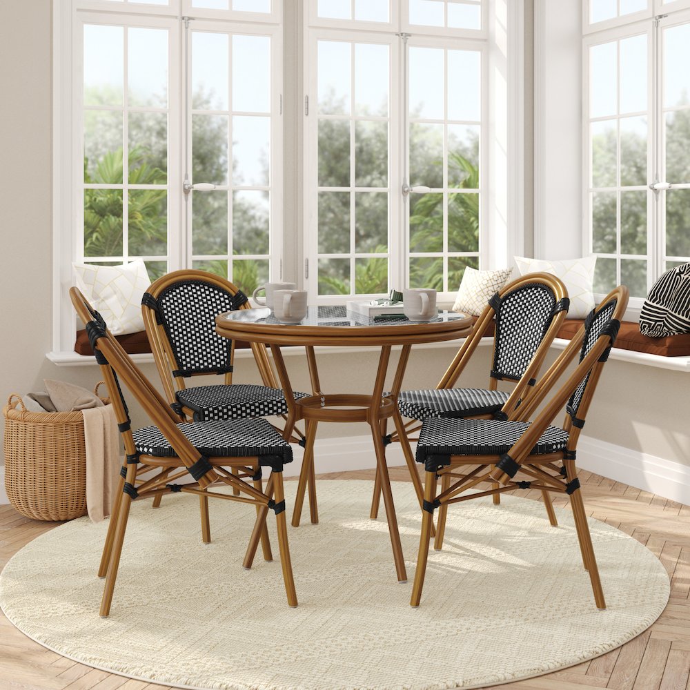 Bistro 31.5" Table, Black and White PE Rattan, Glass Top with 4 Stack Chairs. Picture 3