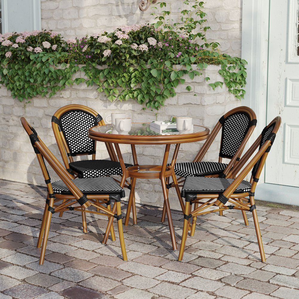Bistro 31.5" Table, Black and White PE Rattan, Glass Top with 4 Stack Chairs. Picture 7