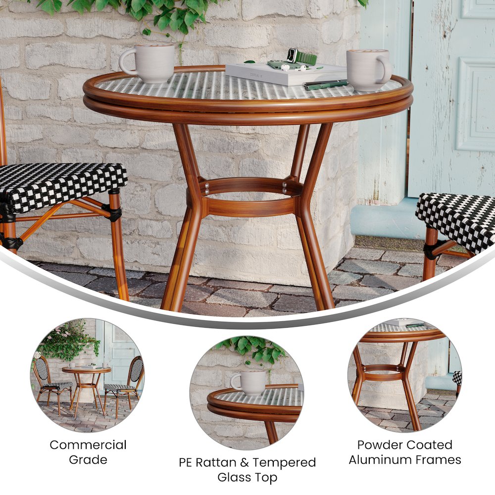 Classic Commercial Grade Bistro Table, Black & White Rattan/Natural Frame. Picture 4