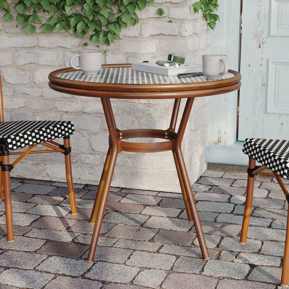 Classic Commercial Grade Bistro Table, Black & White Rattan/Natural Frame. Picture 3