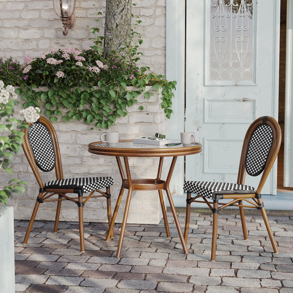 Classic Commercial Grade Bistro Table, Black & White Rattan/Natural Frame. Picture 6