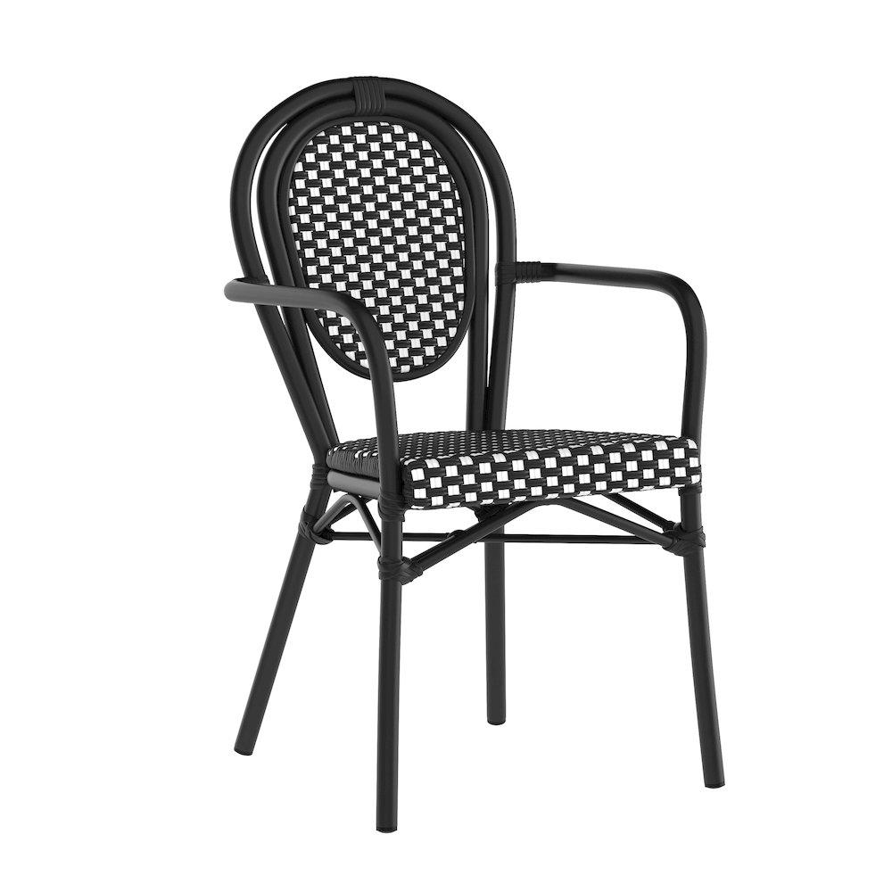 Bistro Stacking Chair with Arms, Black and White Rattan and Black Aluminum Frame. Picture 1