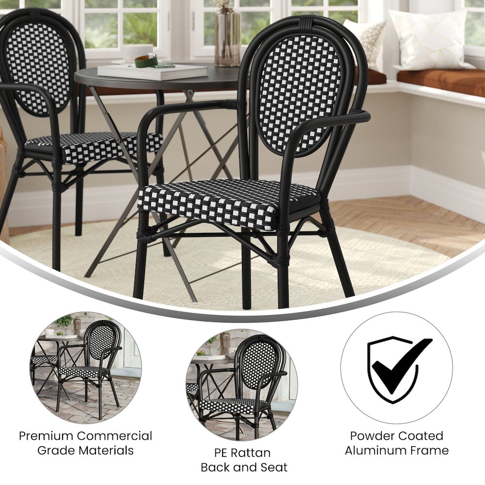 Bistro Stacking Chair with Arms, Black and White Rattan and Black Aluminum Frame. Picture 4