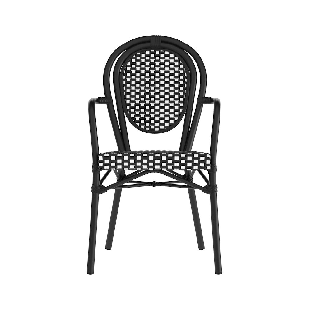 Bistro Stacking Chair with Arms, Black and White Rattan and Black Aluminum Frame. Picture 10