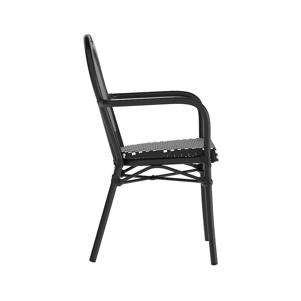 Bistro Stacking Chair with Arms, Black and White Rattan and Black Aluminum Frame. Picture 9