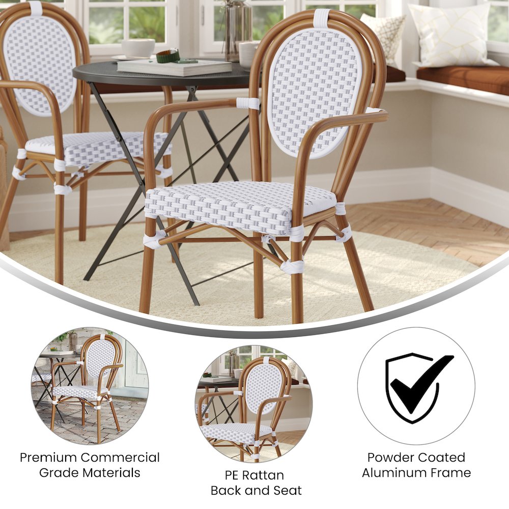 Classic Commercial Grade Indoor/Outdoor Bistro Chair, White & Gray/Natural Frame. Picture 4