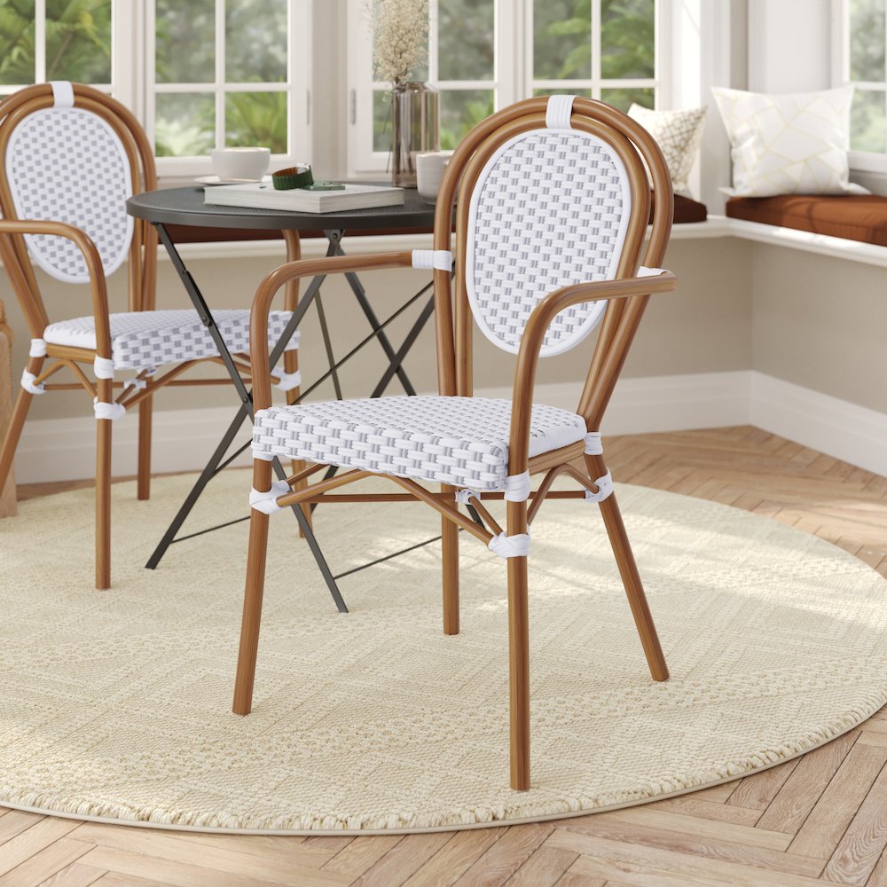 Classic Commercial Grade Indoor/Outdoor Bistro Chair, White & Gray/Natural Frame. Picture 3