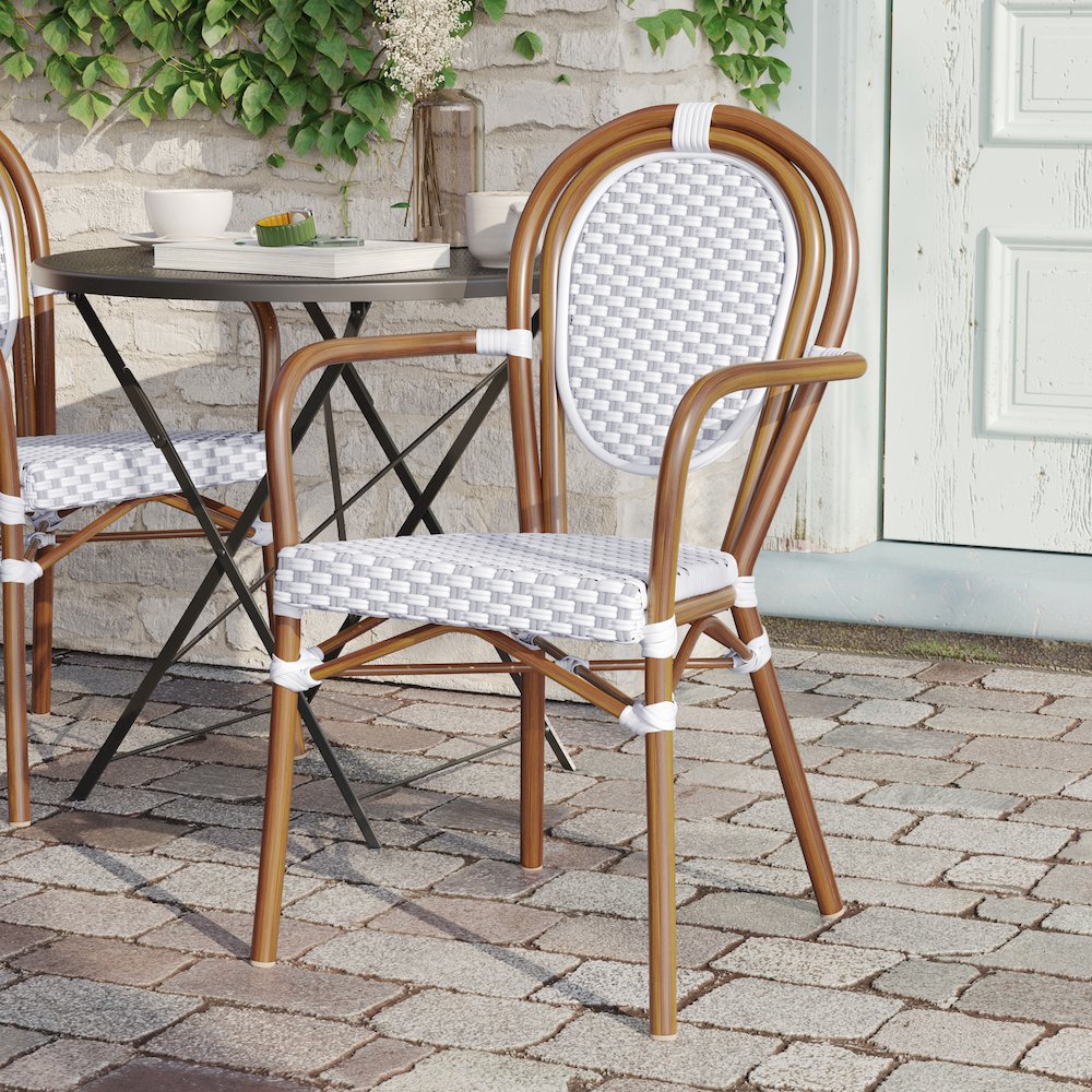 Classic Commercial Grade Indoor/Outdoor Bistro Chair, White & Gray/Natural Frame. Picture 6