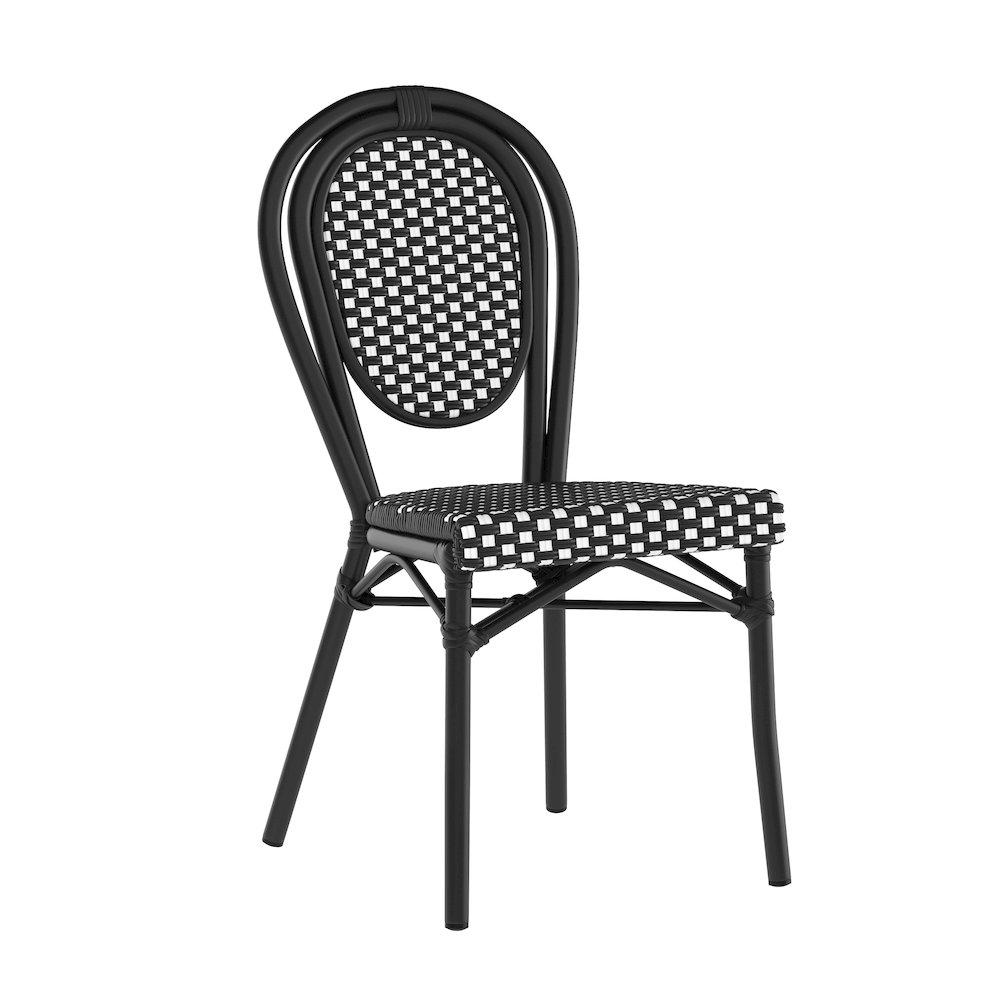 Bistro Stacking Chair, Black and White PE Rattan and Black Aluminum Frame. Picture 1