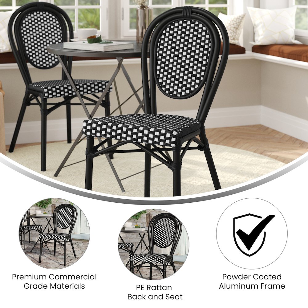 Bistro Stacking Chair, Black and White PE Rattan and Black Aluminum Frame. Picture 4