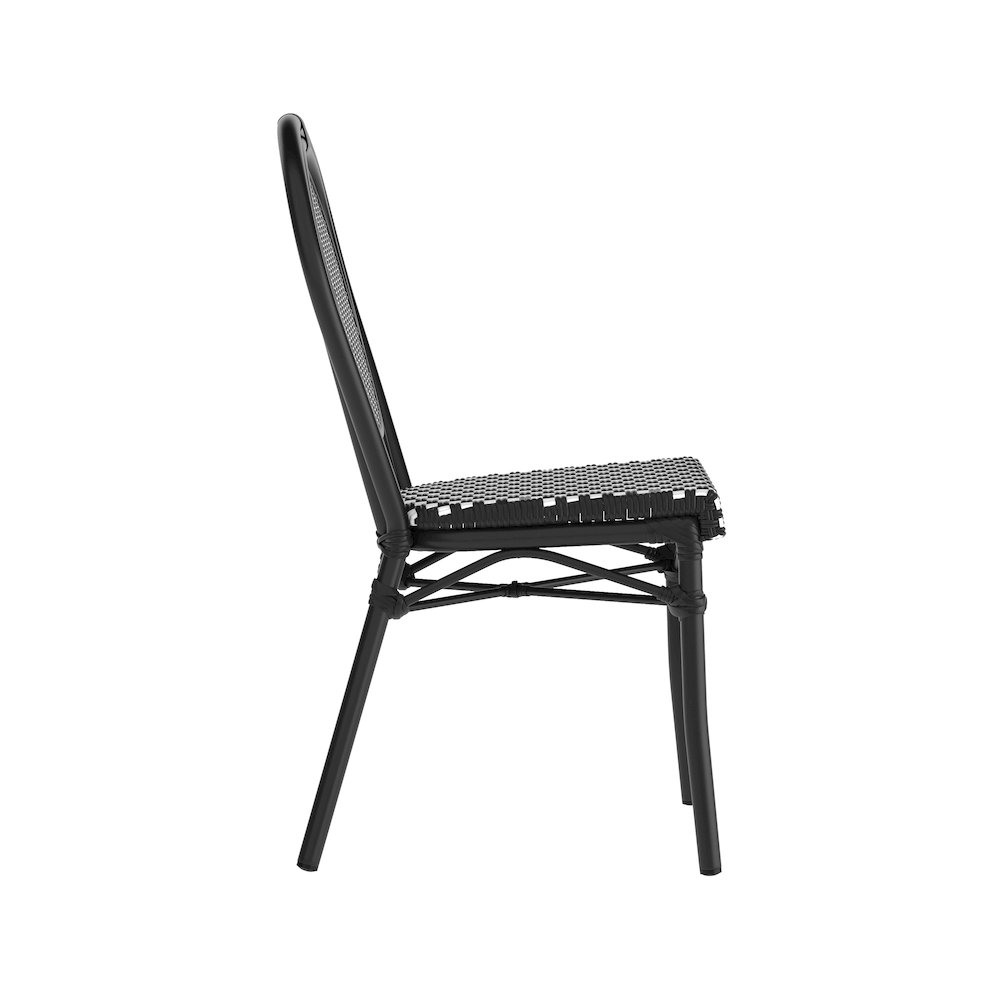 Bistro Stacking Chair, Black and White PE Rattan and Black Aluminum Frame. Picture 9