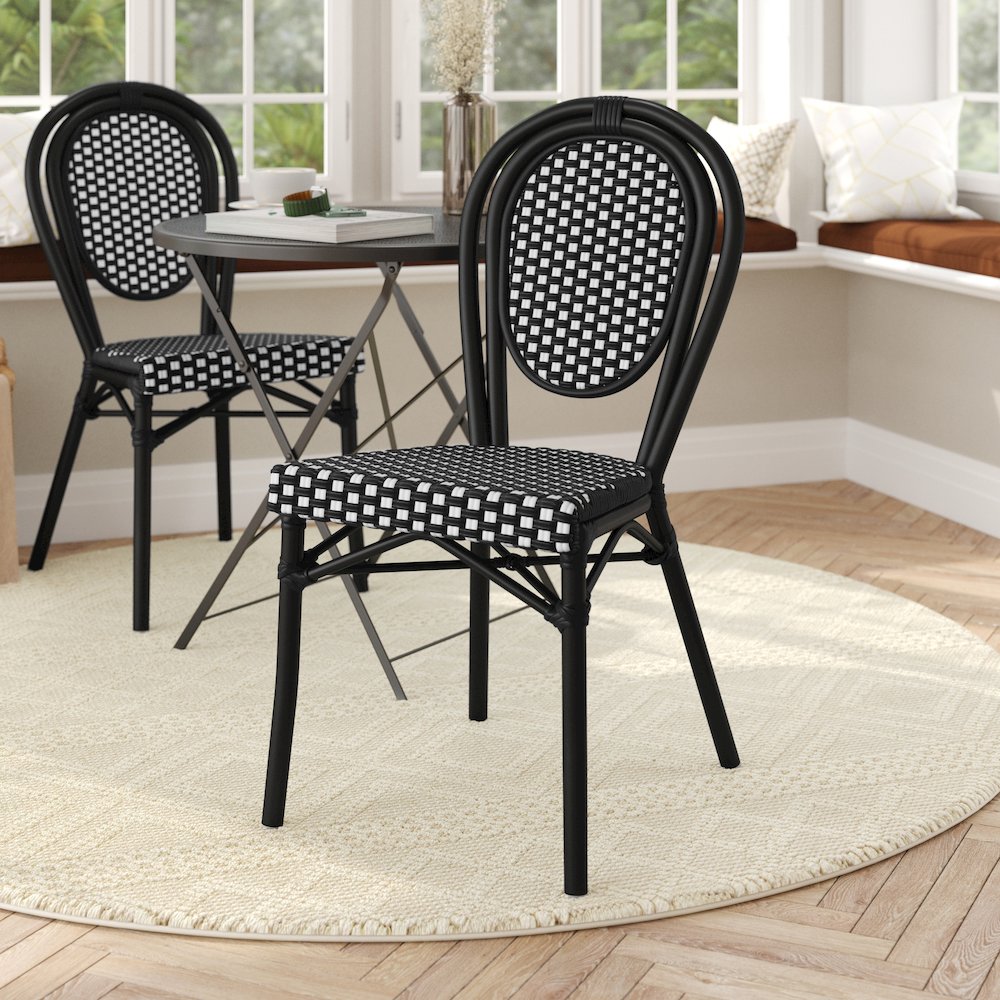 Bistro Stacking Chair, Black and White PE Rattan and Black Aluminum Frame. Picture 3