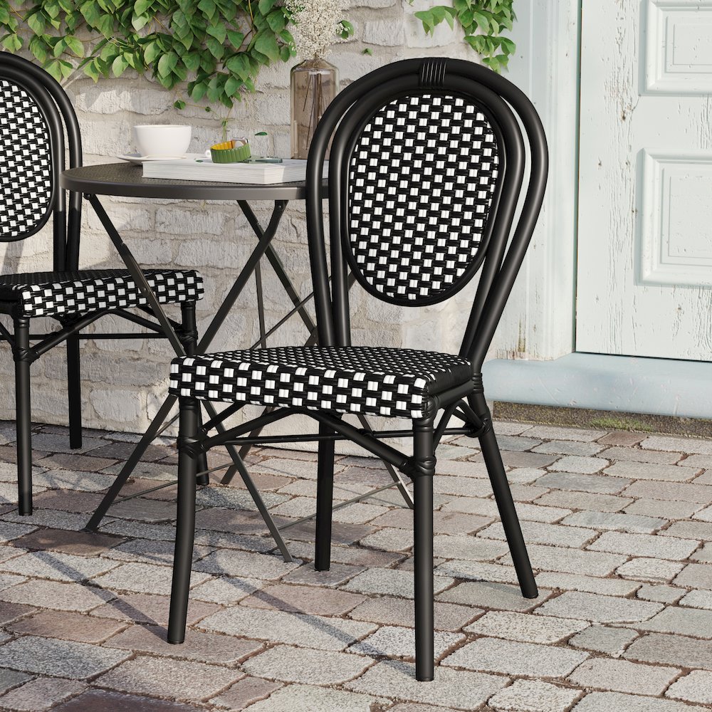 Bistro Stacking Chair, Black and White PE Rattan and Black Aluminum Frame. Picture 6