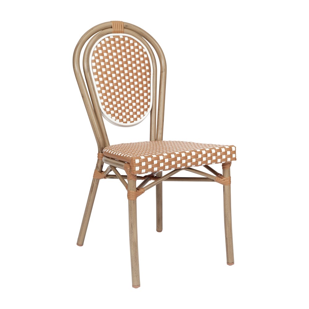 Bistro Stacking Chair, Natural/White PE Rattan and Bamboo Print Aluminum Frame. Picture 1