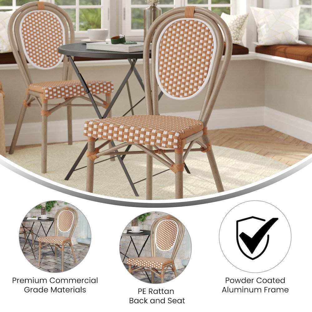 Bistro Stacking Chair, Natural/White PE Rattan and Bamboo Print Aluminum Frame. Picture 4