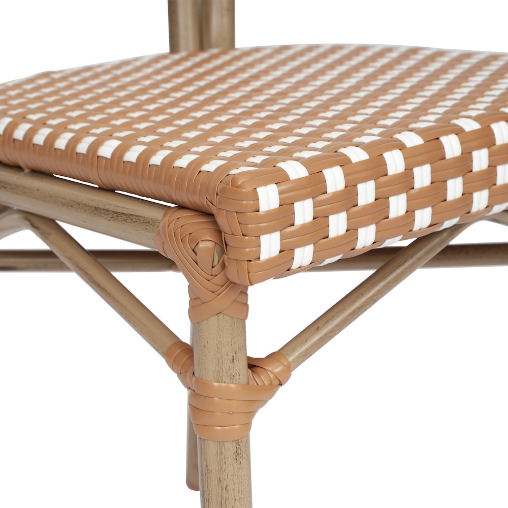 Bistro Stacking Chair, Natural/White PE Rattan and Bamboo Print Aluminum Frame. Picture 11