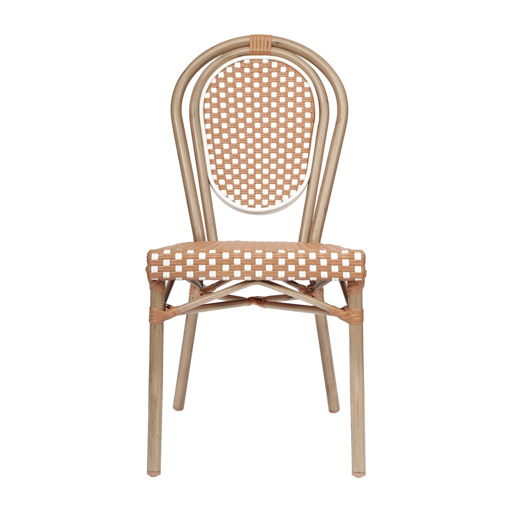 Bistro Stacking Chair, Natural/White PE Rattan and Bamboo Print Aluminum Frame. Picture 10