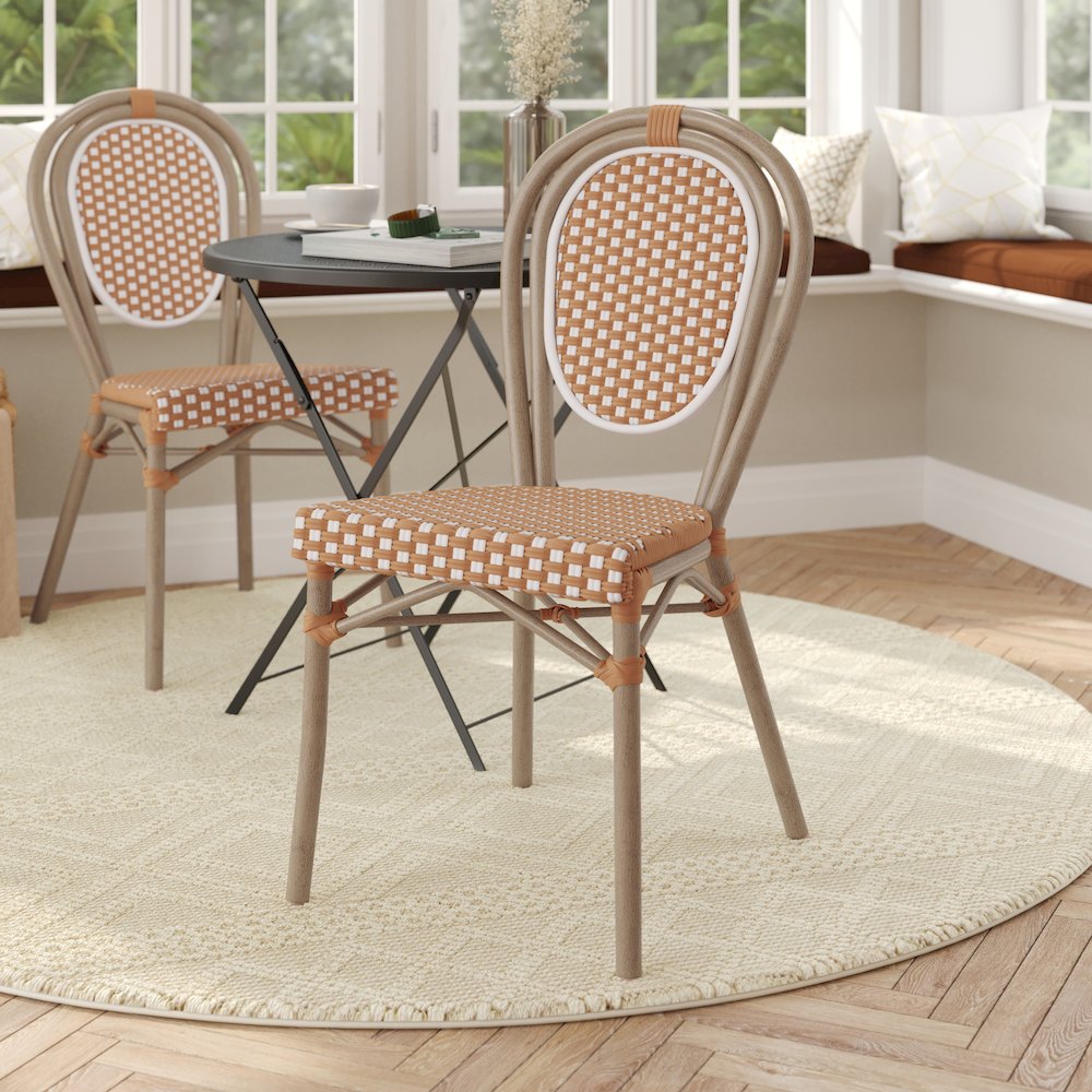 Bistro Stacking Chair, Natural/White PE Rattan and Bamboo Print Aluminum Frame. Picture 3