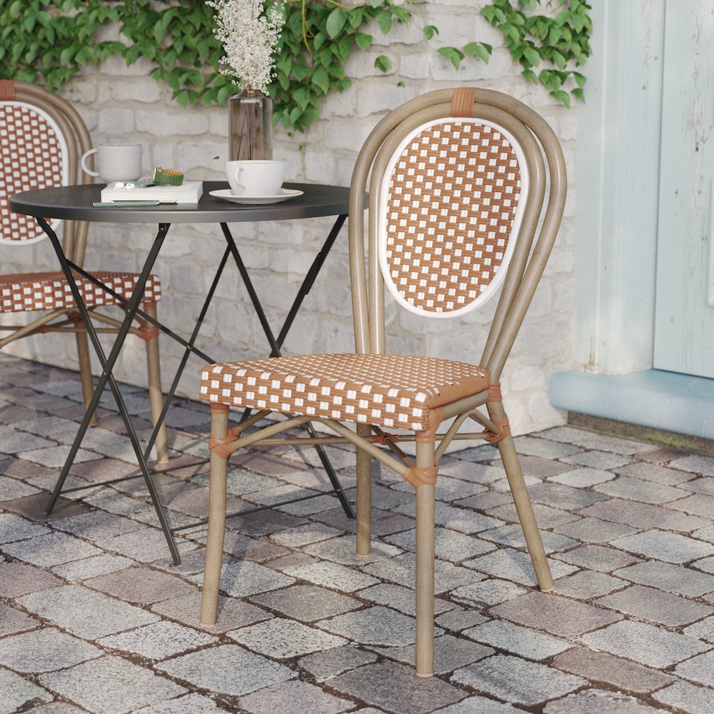 Bistro Stacking Chair, Natural/White PE Rattan and Bamboo Print Aluminum Frame. Picture 6