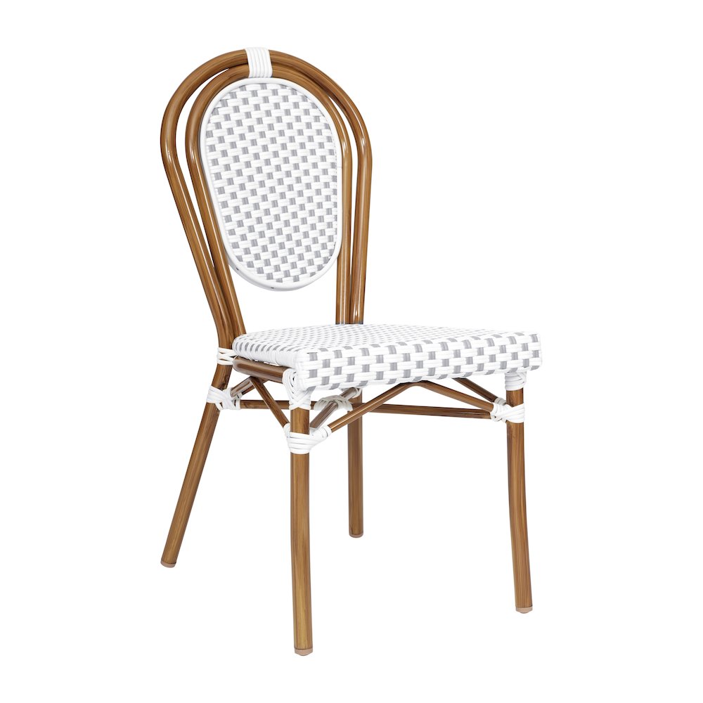 Bistro Stacking Chair, White and Gray PE Rattan and Bamboo Print Aluminum Frame. Picture 1