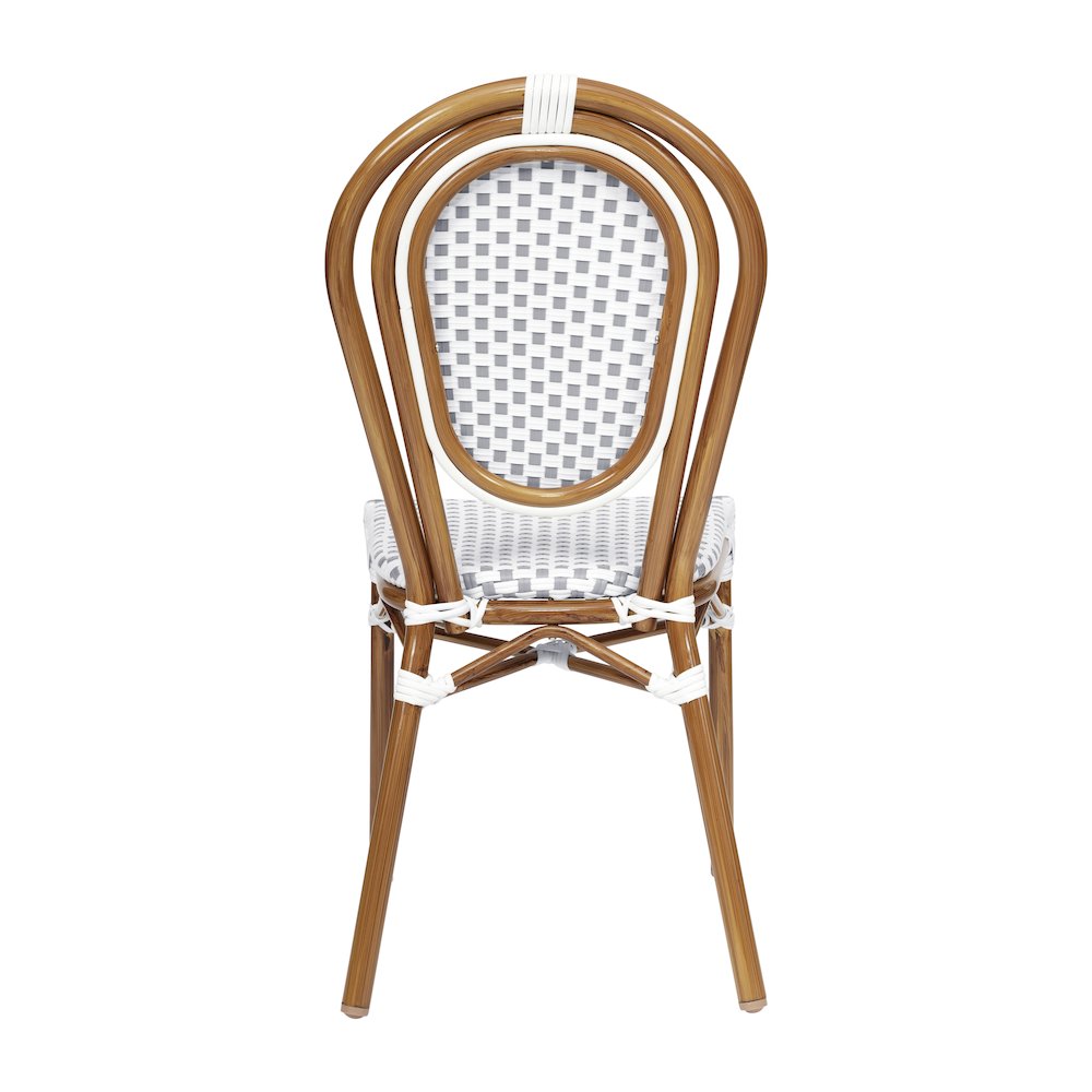 Bistro Stacking Chair, White and Gray PE Rattan and Bamboo Print Aluminum Frame. Picture 7