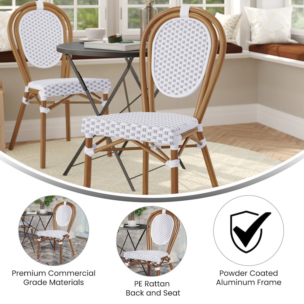 Bistro Stacking Chair, White and Gray PE Rattan and Bamboo Print Aluminum Frame. Picture 4