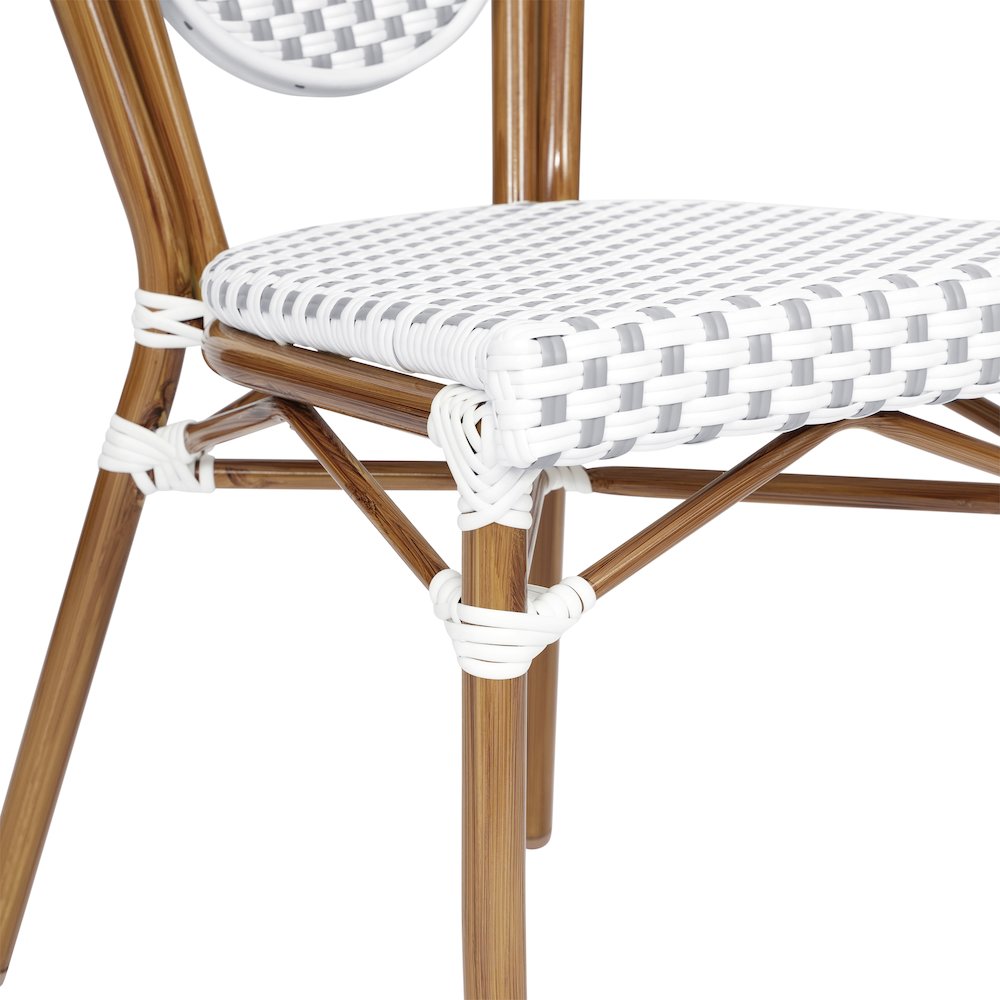 Bistro Stacking Chair, White and Gray PE Rattan and Bamboo Print Aluminum Frame. Picture 8