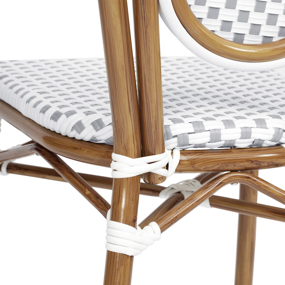 Bistro Stacking Chair, White and Gray PE Rattan and Bamboo Print Aluminum Frame. Picture 13
