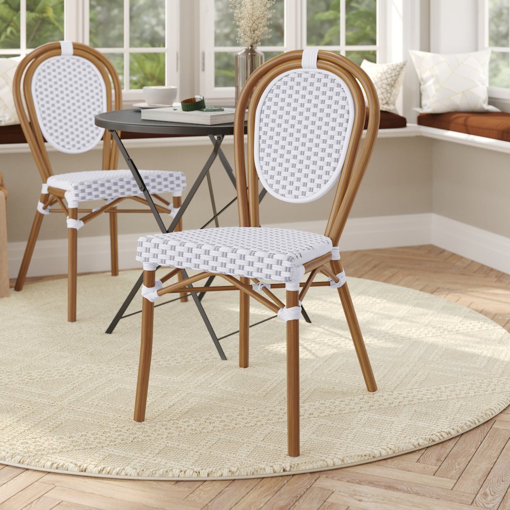 Bistro Stacking Chair, White and Gray PE Rattan and Bamboo Print Aluminum Frame. Picture 3