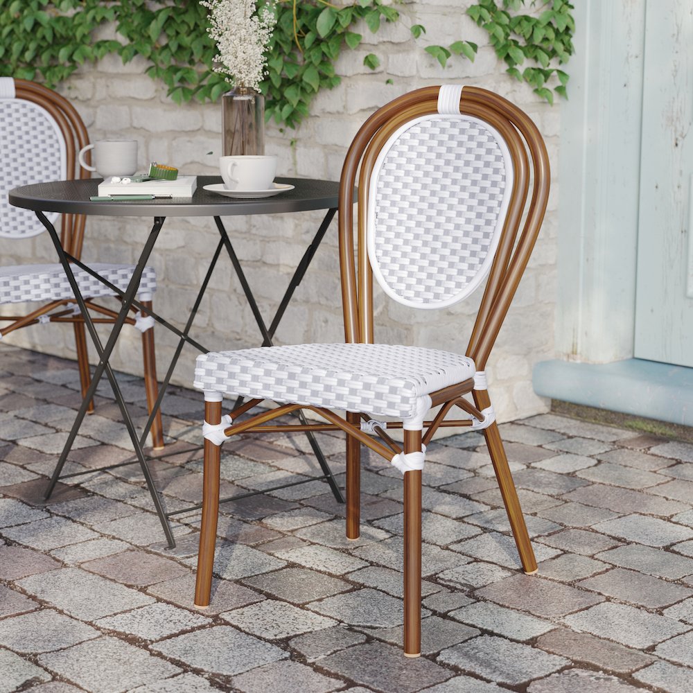 Bistro Stacking Chair, White and Gray PE Rattan and Bamboo Print Aluminum Frame. Picture 6