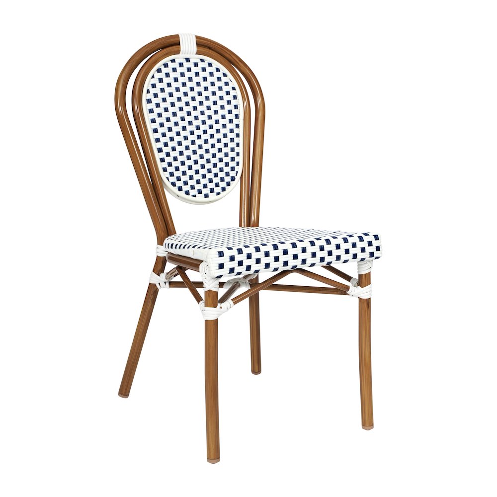 Bistro Stacking Chair, White and Navy PE Rattan and Bamboo Print Aluminum Frame. Picture 1