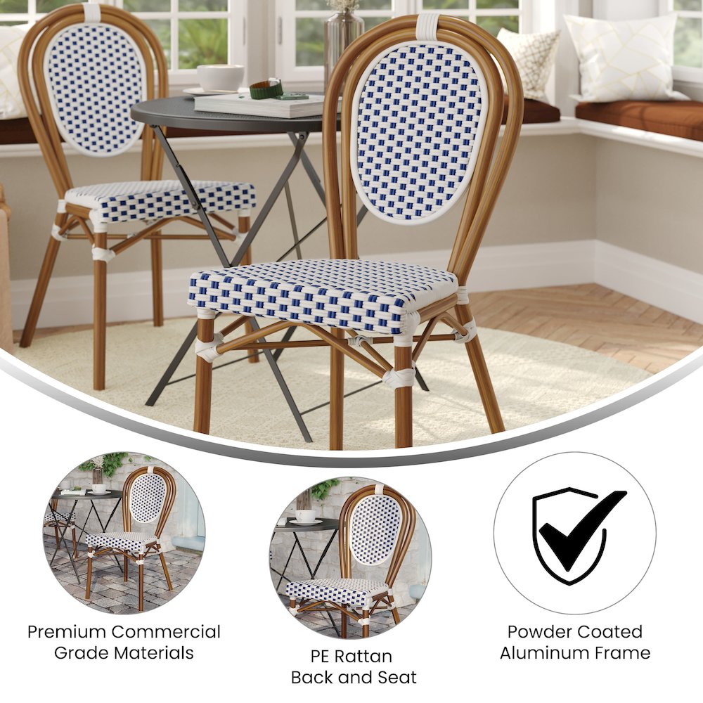 Bistro Stacking Chair, White and Navy PE Rattan and Bamboo Print Aluminum Frame. Picture 4