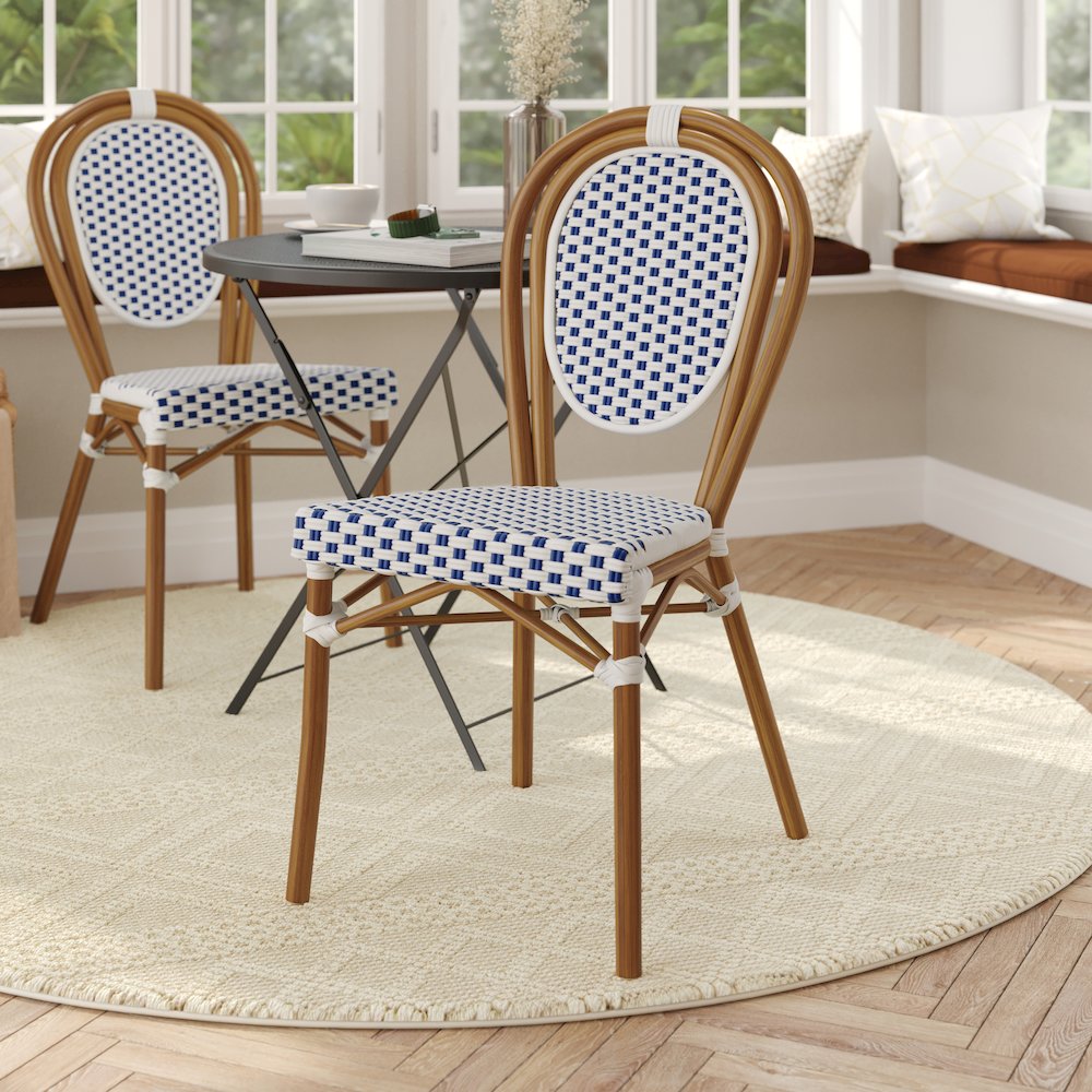 Bistro Stacking Chair, White and Navy PE Rattan and Bamboo Print Aluminum Frame. Picture 3