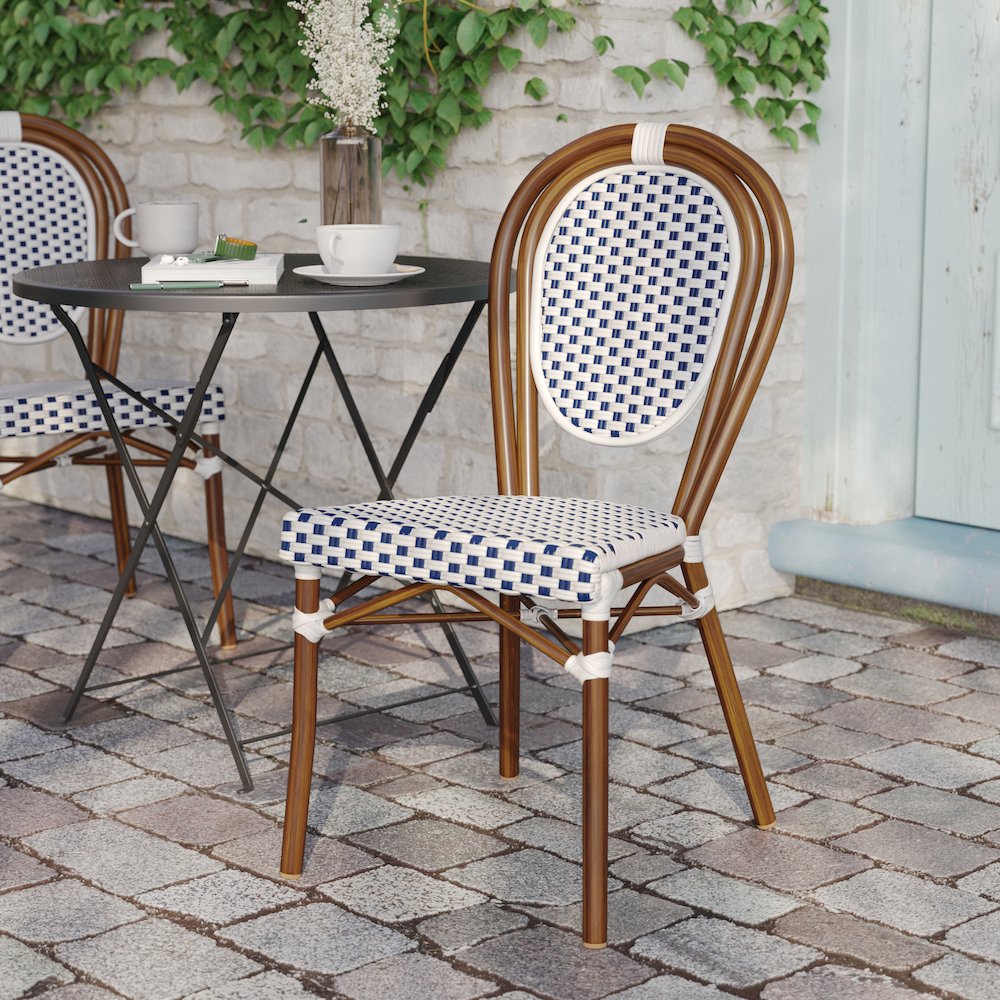 Bistro Stacking Chair, White and Navy PE Rattan and Bamboo Print Aluminum Frame. Picture 6