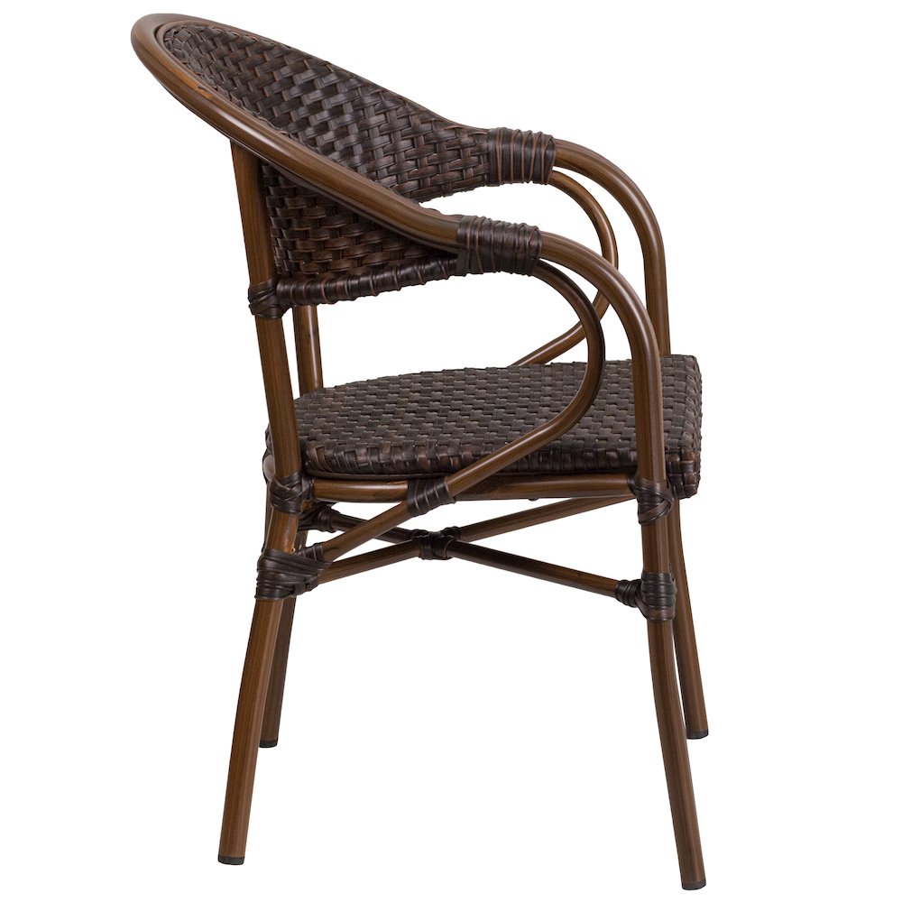 o Dark Brown Rattan Restaurant Patio Chair with Red Bamboo-Aluminum Frame. Picture 5