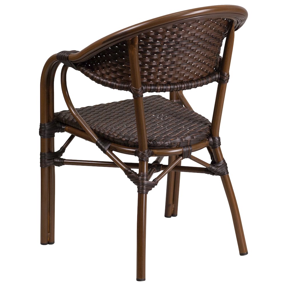 o Dark Brown Rattan Restaurant Patio Chair with Red Bamboo-Aluminum Frame. Picture 4