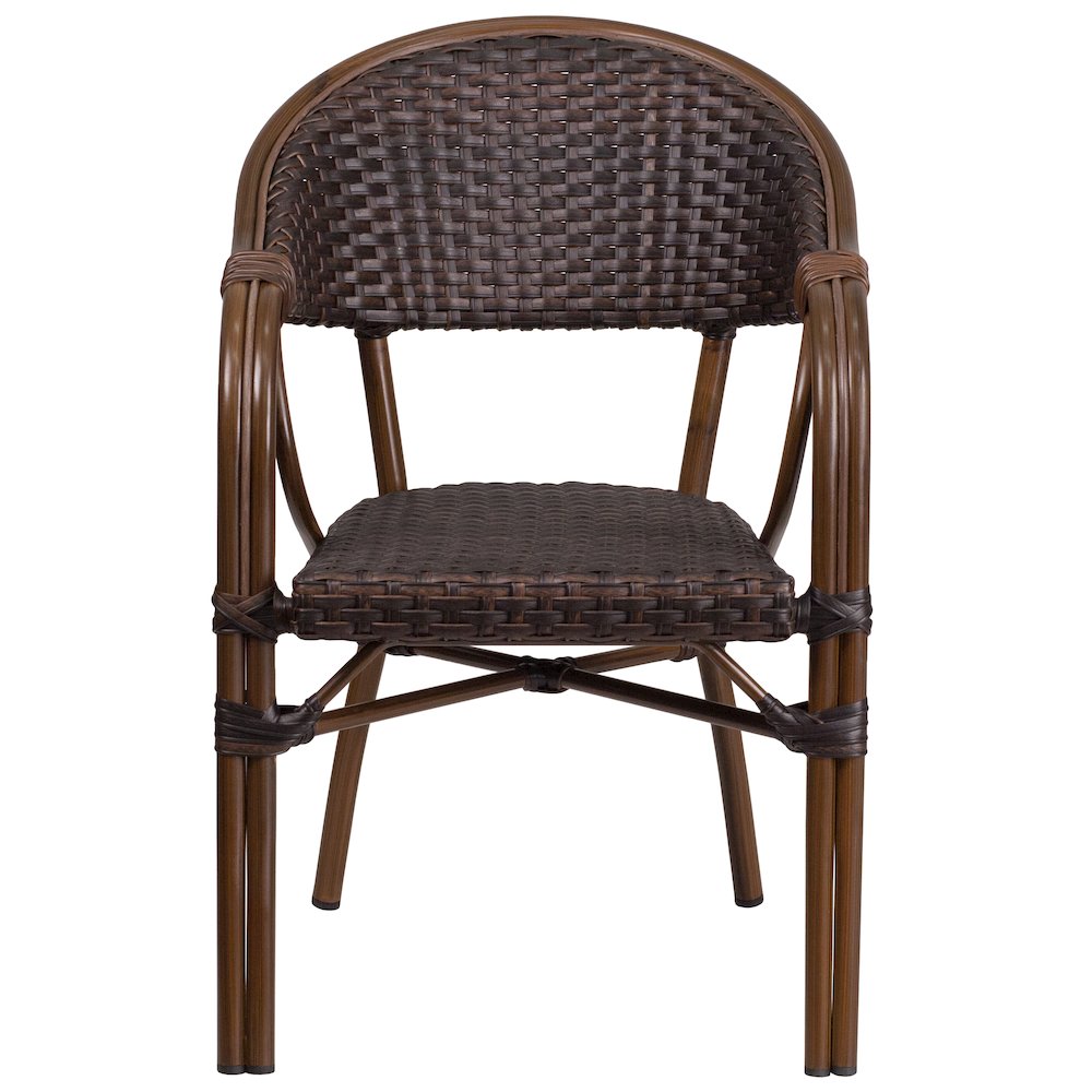 o Dark Brown Rattan Restaurant Patio Chair with Red Bamboo-Aluminum Frame. Picture 6