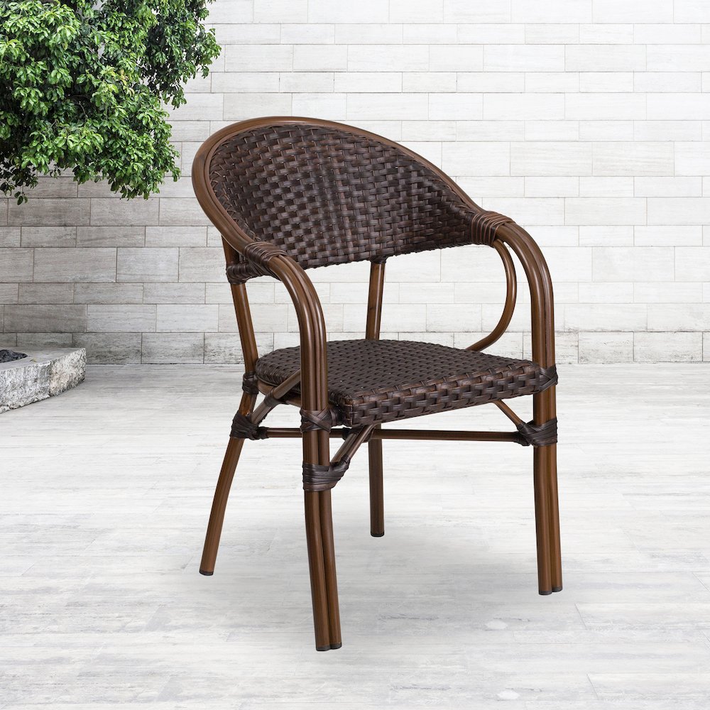 o Dark Brown Rattan Restaurant Patio Chair with Red Bamboo-Aluminum Frame. Picture 2