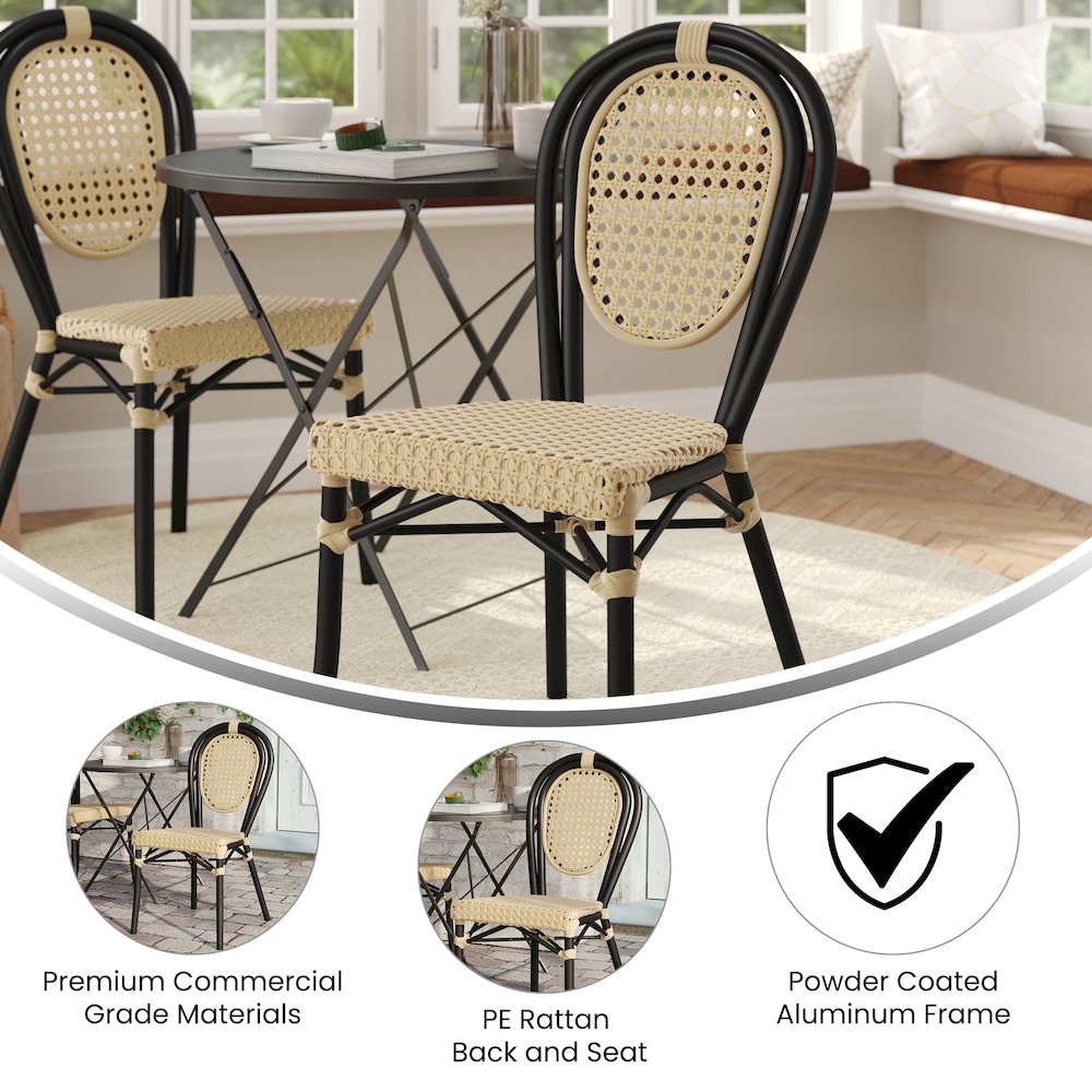 Bistro Stacking Chair, Natural PE Cane Rattan and Black Aluminum Frame. Picture 4