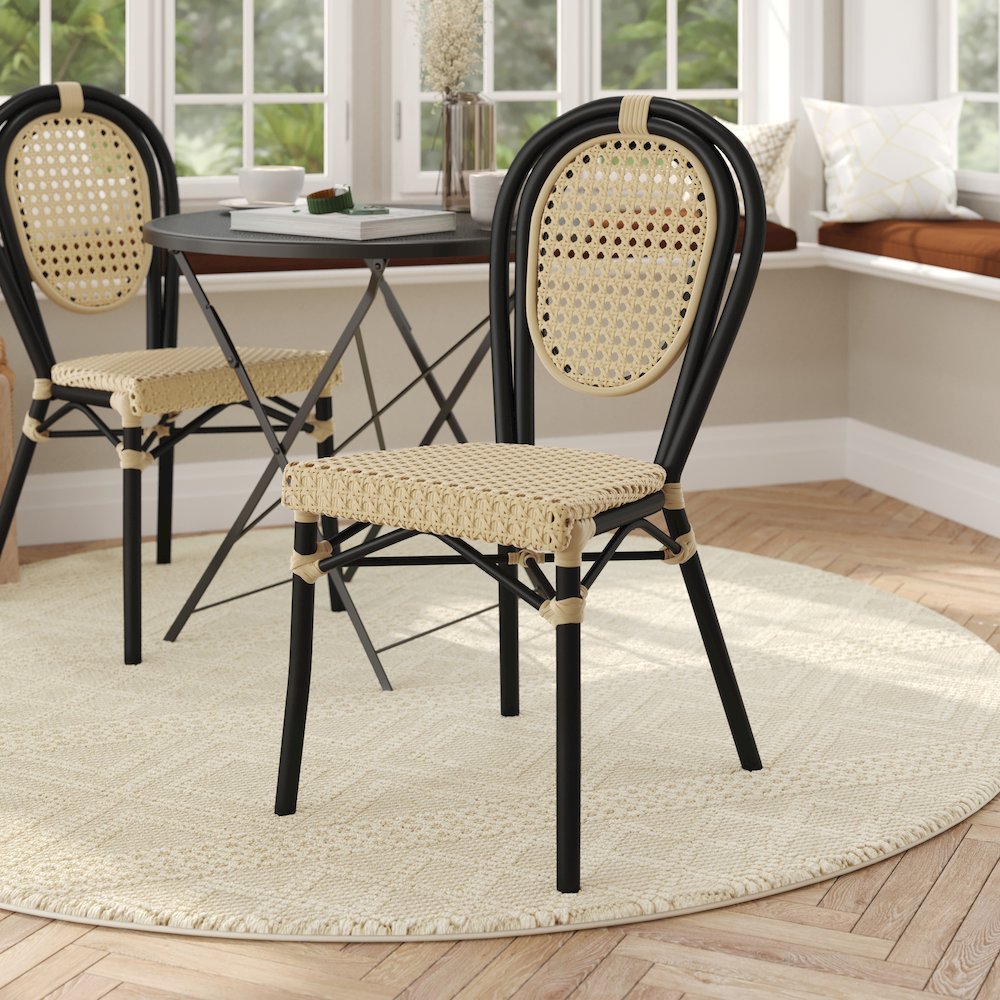 Bistro Stacking Chair, Natural PE Cane Rattan and Black Aluminum Frame. Picture 3