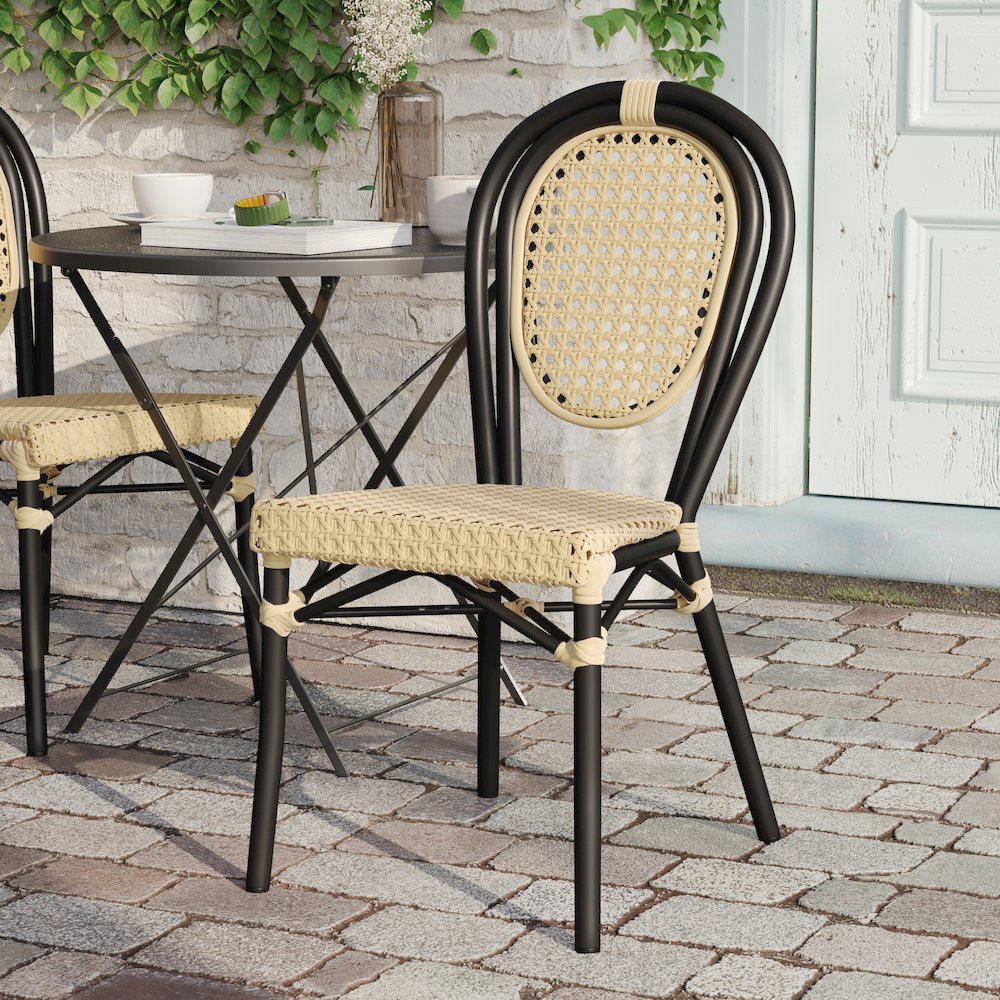 Bistro Stacking Chair, Natural PE Cane Rattan and Black Aluminum Frame. Picture 6