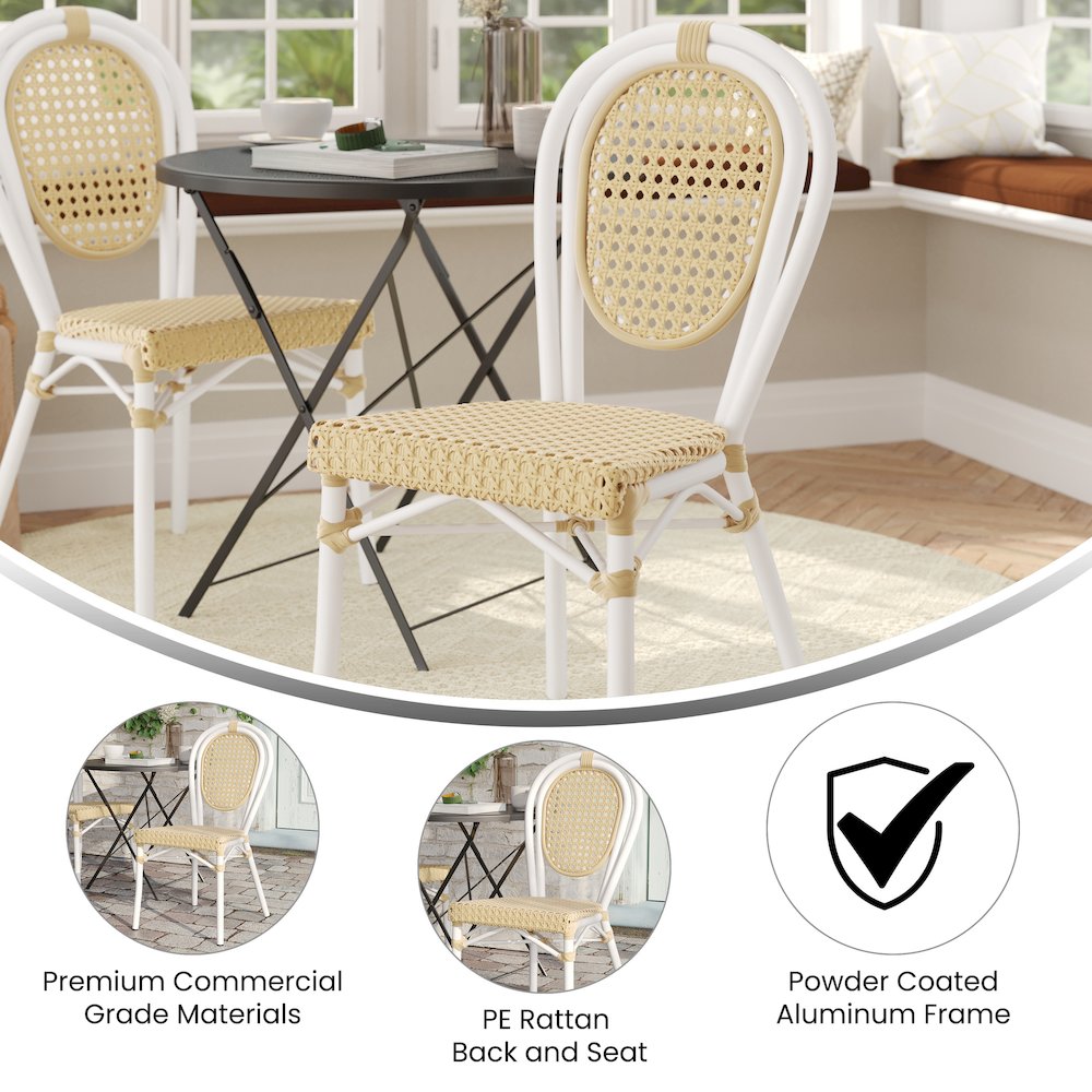Bistro Stacking Chair, Natural PE Cane Rattan and White Aluminum Frame. Picture 4